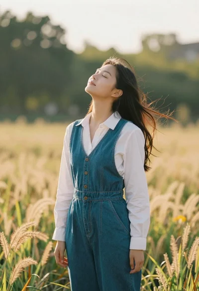 Young woman in teal jumpsuit standing in sunlit field at golden hour