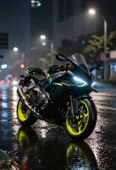 Futuristic motorcycle on wet city street at night