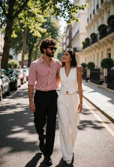 Stylish couple walking down a sunny treelined city street in fashionable attire