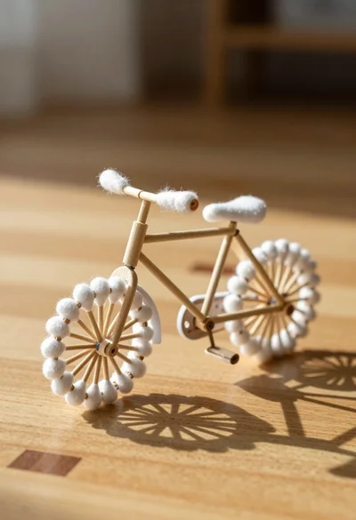 Macro photograph of miniature bicycle made from wood sticks and cotton swabs