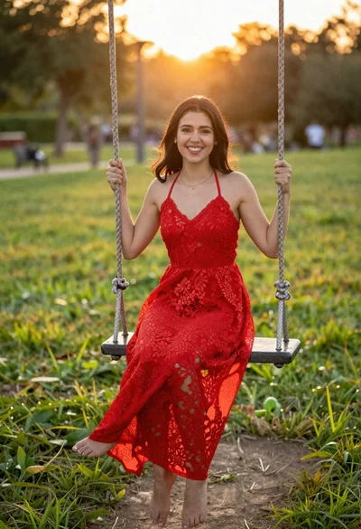 Smiling woman on a swing in grassy park at sunset