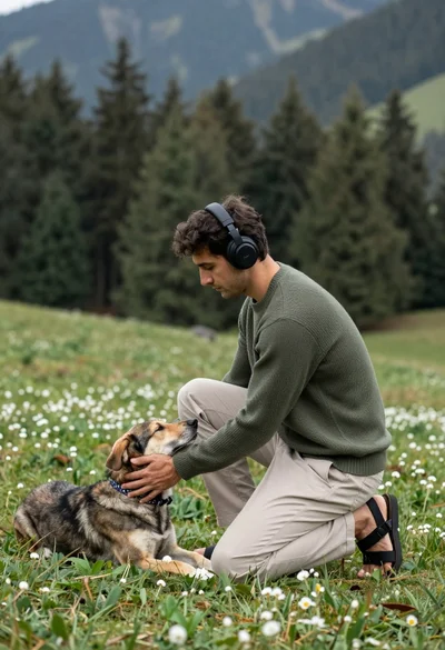 Man kneeling petting dog on grassy hillside overlooking mountain forest