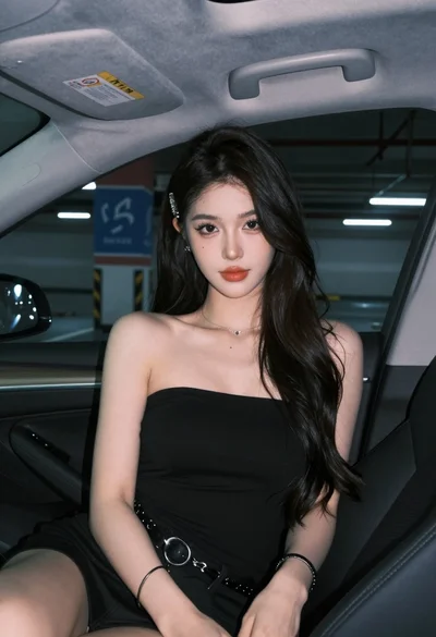 Young woman in black top sitting inside modern car looking at camera