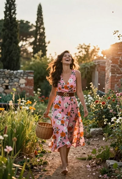 Joyful woman walking barefoot in sunlit garden holding woven basket