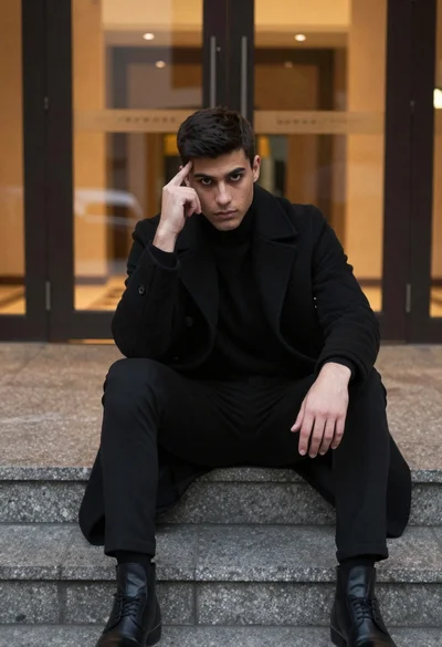 Man in black coat sitting on steps before glass building