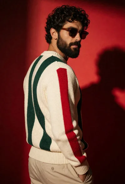 Stylish man in striped sweater looking over shoulder against vibrant red backdrop