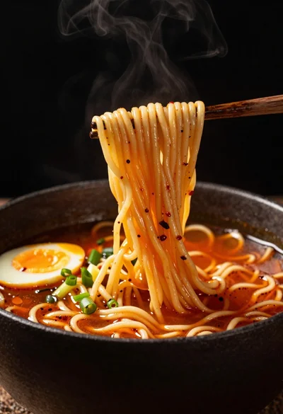 Close up spicy ramen noodles lifted by chopsticks