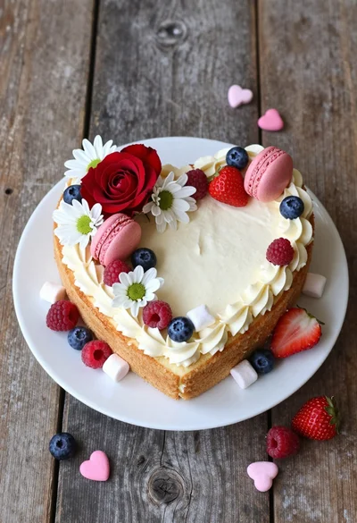 High angle shot of heart cake decorated with fresh berries flowers and