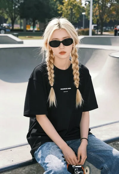 Woman with blonde braids sitting on skate ramp outdoors
