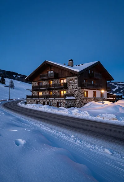 Large stone chalet on snowy hillside under blue hour twilight sky