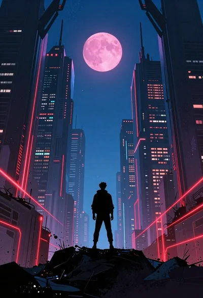 Silhouette in urban canyon under pink moon