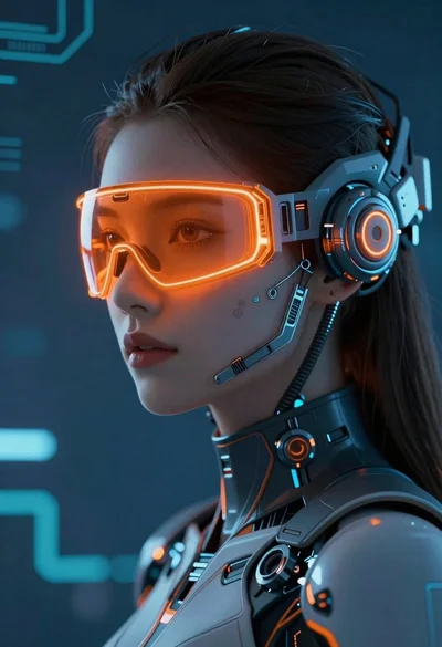 Futuristic woman with glowing goggles and cybernetic headgear