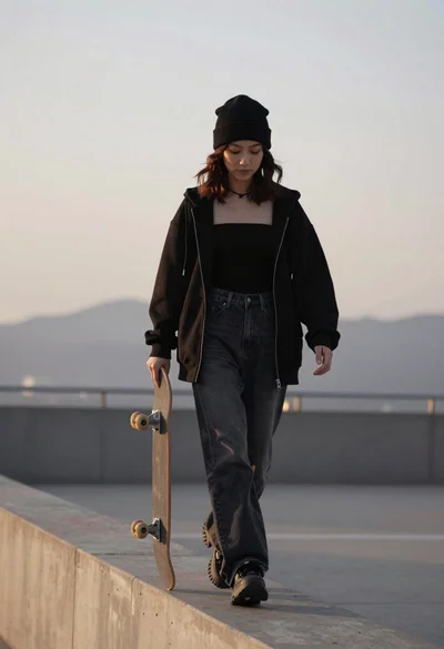 Young woman walking with skateboard along concrete ledge near mountains