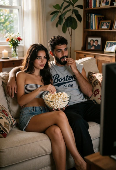 Young couple sharing popcorn on beige sofa in cozy living room setting