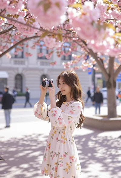 Young woman in floral dress taking photo under pink cherry blossoms