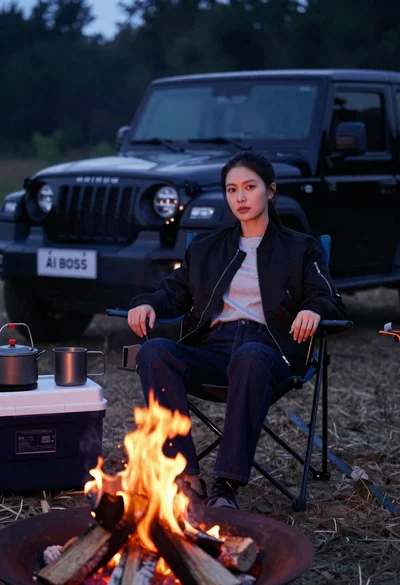 Woman sitting in camping chair by campfire with suv at night