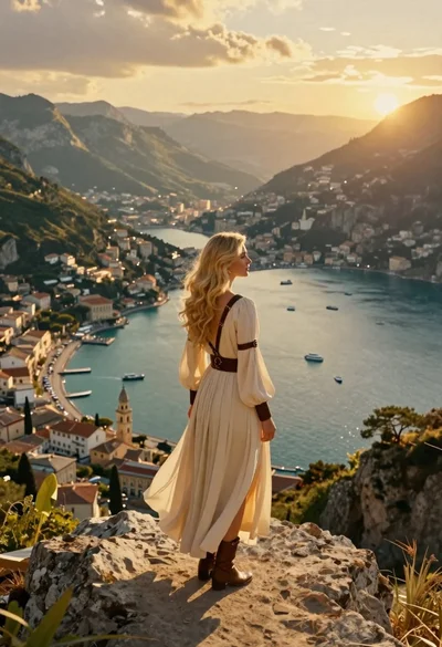 Woman on cliff overlooking sunlit coastal bay