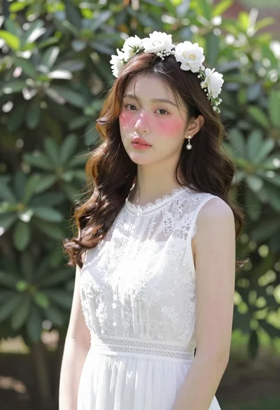 East asian woman in white lace dress in lush garden