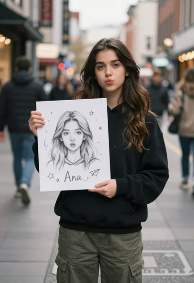 Young woman with long dark hair holding white board with pencil sketch