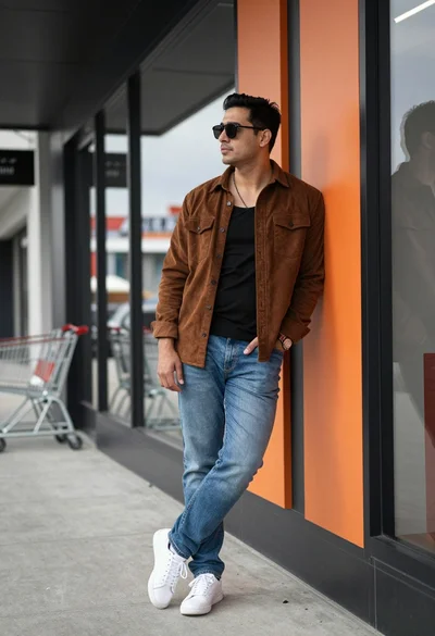 Man in corduroy shirt leaning against modern storefront facade outdoors