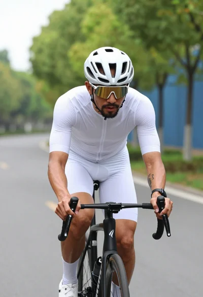 Muscular male cyclist riding white bike down paved road lined with green