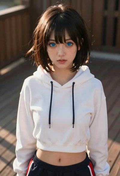 Anime woman with dark hair on wooden decking