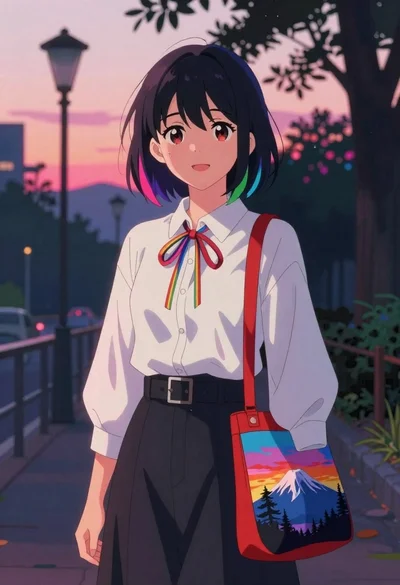 Anime girl in urban setting with colorful accents