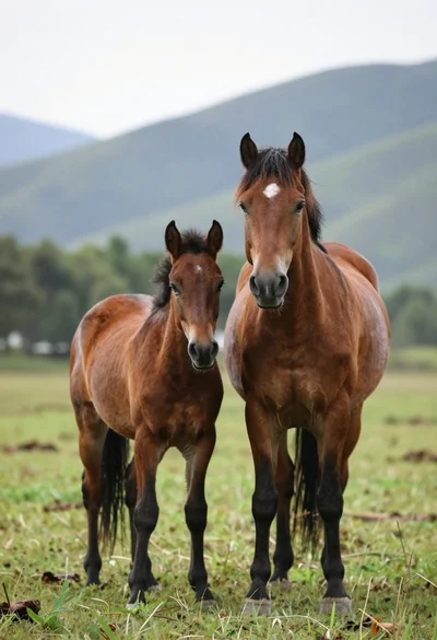 Two chestnut horses standing side by side in a lush green meadow