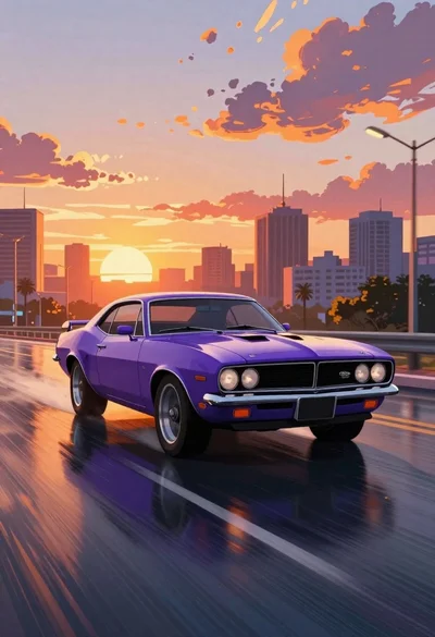 Purple muscle car driving through city at sunset