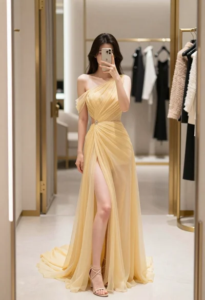 Woman in yellow evening gown taking a mirror selfie in boutique