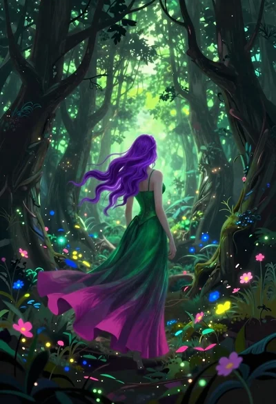 Woman in forest with purple hair and gradient skirt