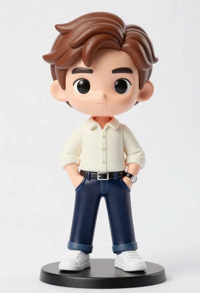 Vinyl figure of young man in cream shirt and jeans