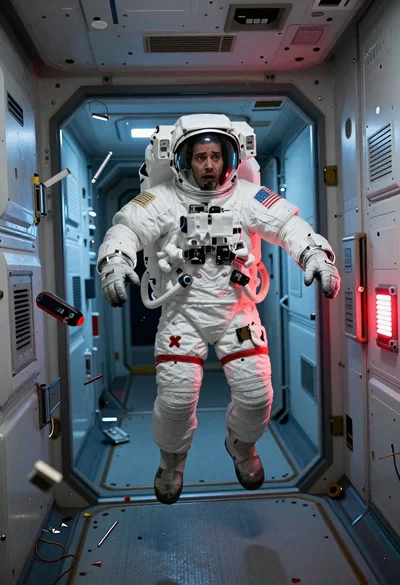 Male astronaut in white spacesuit floats in spacecraft corridor with debris