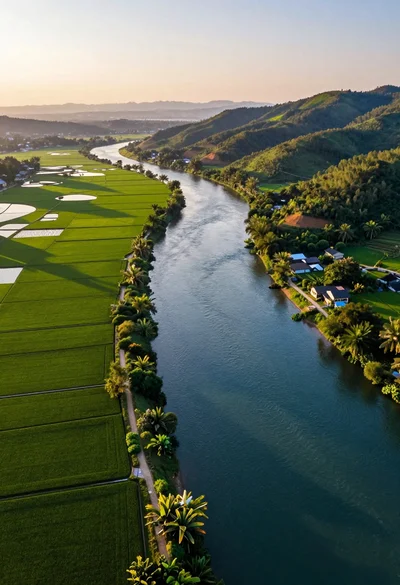 Aerial view of winding river through rice paddies and rolling hills at