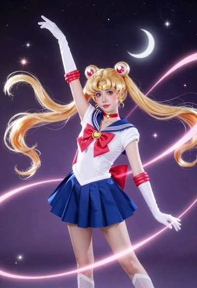 Anime cosplayer in sailor moon costume against outer space