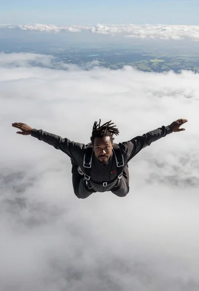 Black man with dreadlocks freefalling through white clouds in black jumpsuit