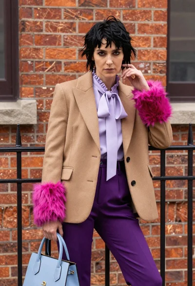 Fashion model leaning against red brick wall wearing magenta fur blazer