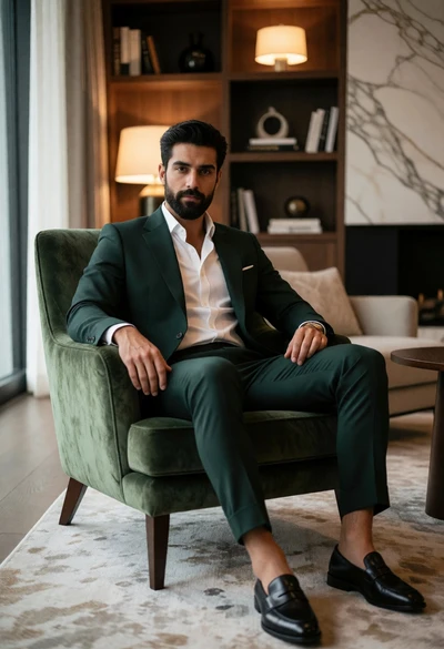 Handsome man in dark green suit sitting in sophisticated modern living room