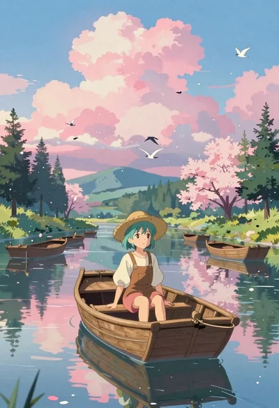 Anime girl in wooden rowboat on calm river