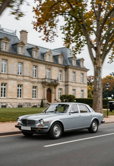 Vintage sedan cruising past french chateau with autumn leaves