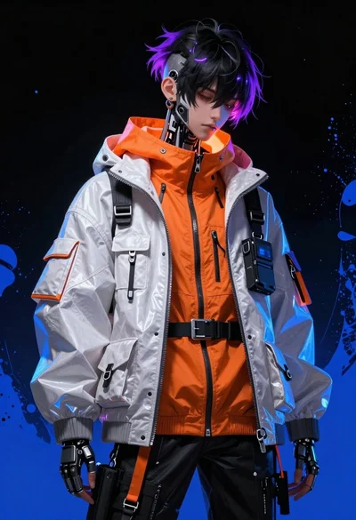 Cybernetic youth portrait with glowing purple highlights