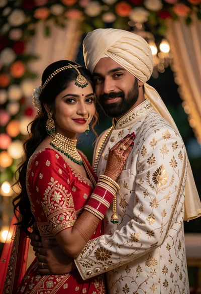 Romantic portrait of indian wedding couple embracing in traditional attire