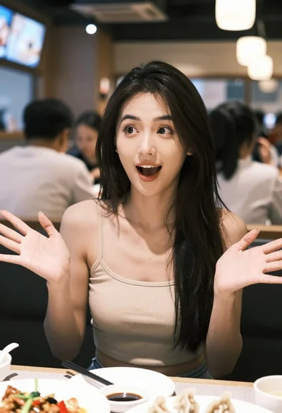 Young woman with black hair gesturing excitedly at a restaurant table setting