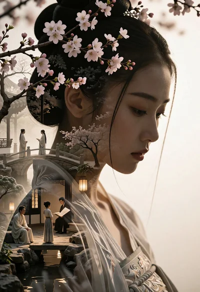 Double exposure profile portrait of woman with cherry blossoms and chinese garden