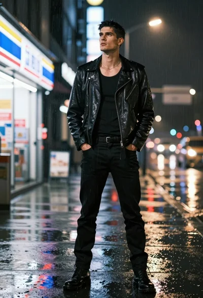 Tall man in black leather jacket standing on wet city street at