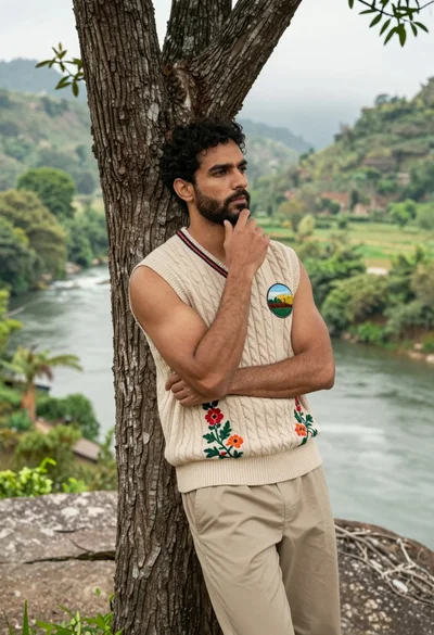Muscular man leaning on tree overlooking lush green valley river