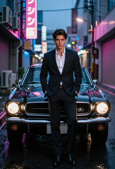 Man in suit with classic car on wet neon street