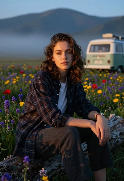 Young woman sitting on log in wildflower meadow near misty mountains