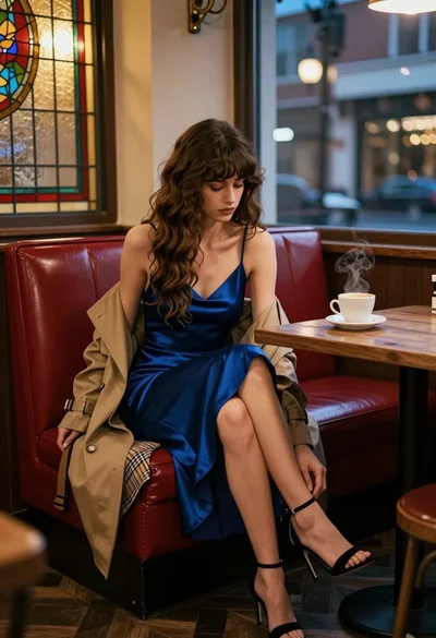 Woman in blue slip dress sitting in dimly lit cafe by stained