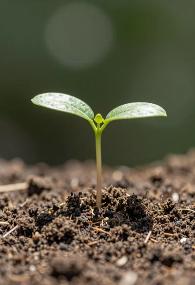 Extreme close up macro shot of tiny green seedling sprouting from dark